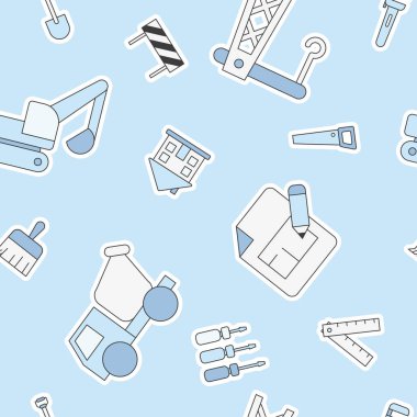 İnşaat - Yapı, vinç, kamyon, buldozer, testere, anahtar, kürek ve grafik tasarımı için diğer araçların vektör renk arkaplanı (pürüzsüz desen)