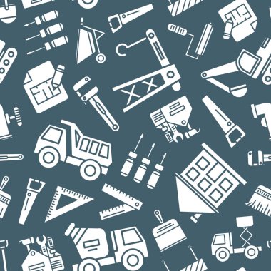 İnşaat - Görüntü oluşturma, vinç, kamyon, buldozer, testere, anahtar, kürek ve grafik tasarımı için diğer araçların vektör arkaplanı (kusursuz desen)