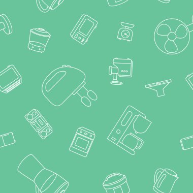 Ev makineleri - Mikrodalga fırın, buzdolabı, vakum, blender, çaydanlık ve grafik tasarımı için diğer cihazların vektör arkaplanı (kusursuz desen)