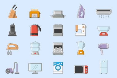 Ev makineleri ayarlandı - Buzdolabı, vakum, mikrodalga, blender, fırın, çaydanlık ve site veya arayüz için diğer cihazların vektör renk sembolleri