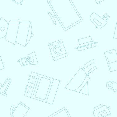 Ev makineleri - Buzdolabı, vakum, mikrodalga, blender, fırın, çaydanlık ve grafik tasarımı için diğer cihazların vektör arkaplanı (kusursuz desen)
