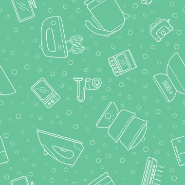 Ev makineleri - Buzdolabı, vakum, mikrodalga, blender, fırın, çaydanlık ve grafik tasarımı için diğer cihazların vektör arkaplanı (kusursuz desen)