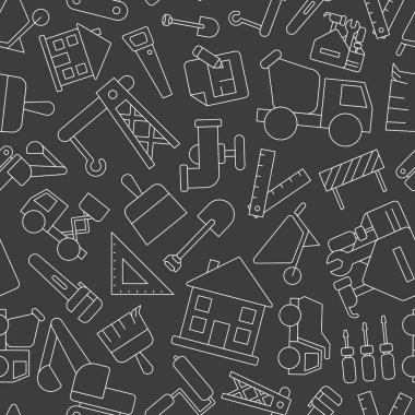 İnşaat - Yapı, vinç, kamyon, buldozer, testere, anahtar, kürek ve grafik tasarımı için diğer araçların vektör arkaplanı (pürüzsüz desen)