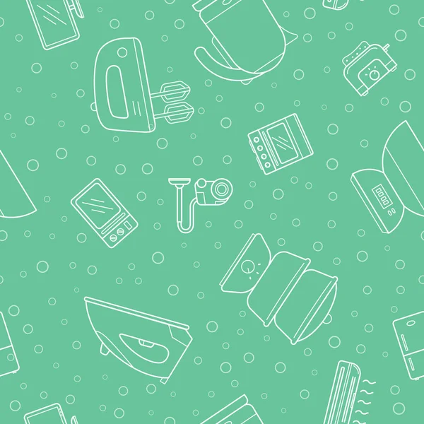 Ev makineleri - Buzdolabı, vakum, mikrodalga, blender, fırın, çaydanlık ve grafik tasarımı için diğer cihazların vektör arkaplanı (kusursuz desen)