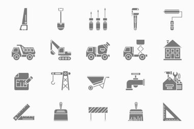 Yapı simgeleri ayarlandı - Yapı, vinç, kamyon, buldozer, testere, anahtar, kürek ve site veya arayüz için diğer araçların vektör siluetleri