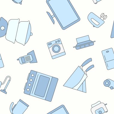 Ev makineleri - Grafik tasarımı için buzdolabı, vakum, mikrodalga, blender, fırın, çaydanlık ve diğer cihazların vektör renk arkaplanı (kusursuz desen)