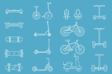 Elektrik taşıma simgeleri ayarlandı - Scooter, segway, paten, kaykay, kaykay, kaykay ve arayüz için bisiklet sembolleri