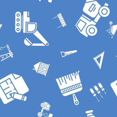 İnşaat - Görüntü oluşturma, vinç, kamyon, buldozer, testere, anahtar, kürek ve grafik tasarımı için diğer araçların vektör arkaplanı (kusursuz desen)