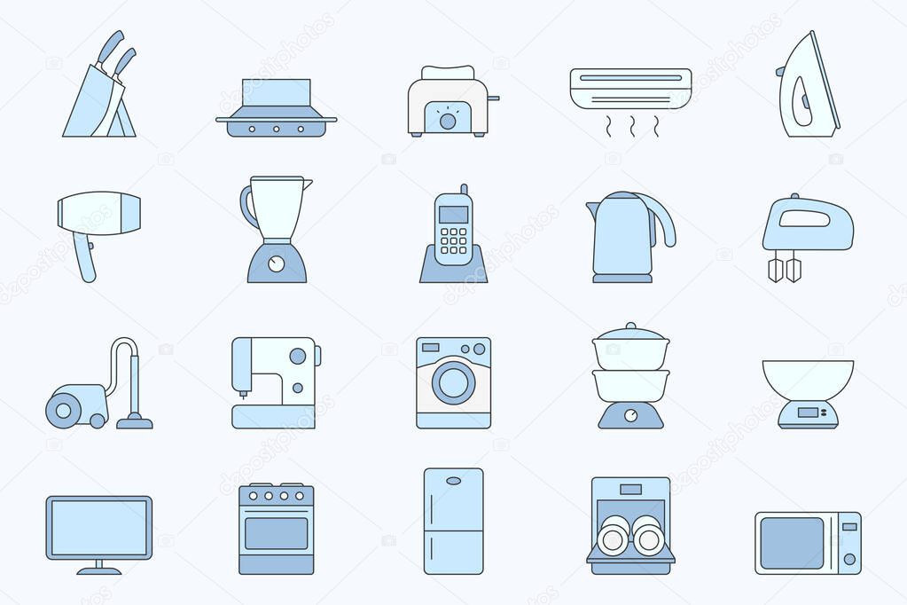 Home machines Icons set - Vector color symbols of refrigerator, vacuum, microwave, blender, oven, kettle and other appliances for the site or interface