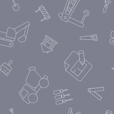 İnşaat - Yapı, vinç, kamyon, buldozer, testere, anahtar, kürek ve grafik tasarımı için diğer araçların vektör arkaplanı (pürüzsüz desen)