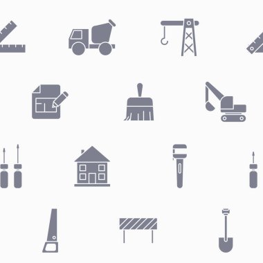 İnşaat - Görüntü oluşturma, vinç, kamyon, buldozer, testere, anahtar, kürek ve grafik tasarımı için diğer araçların vektör arkaplanı (kusursuz desen)
