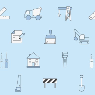 İnşaat - Yapı, vinç, kamyon, buldozer, testere, anahtar, kürek ve grafik tasarımı için diğer araçların vektör renk arkaplanı (pürüzsüz desen)