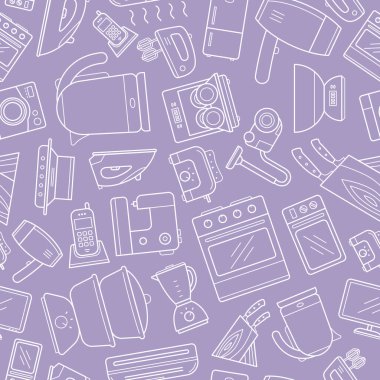 Ev makineleri - Buzdolabı, vakum, mikrodalga, blender, fırın, çaydanlık ve grafik tasarımı için diğer cihazların vektör arkaplanı (kusursuz desen)