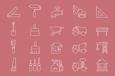 Yapı simgeleri ayarlandı - Yapı, vinç, kamyon, buldozer, testere, anahtar, kürek ve site veya arayüz için diğer araçların vektör ana hatları
