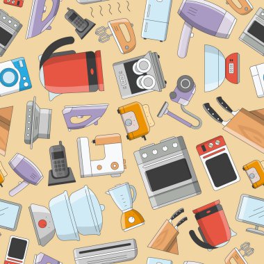 Ev makineleri - Grafik tasarımı için buzdolabı, vakum, mikrodalga, blender, fırın, çaydanlık ve diğer cihazların vektör renk arkaplanı (kusursuz desen)