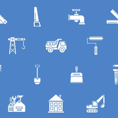 İnşaat - Görüntü oluşturma, vinç, kamyon, buldozer, testere, anahtar, kürek ve grafik tasarımı için diğer araçların vektör arkaplanı (kusursuz desen)
