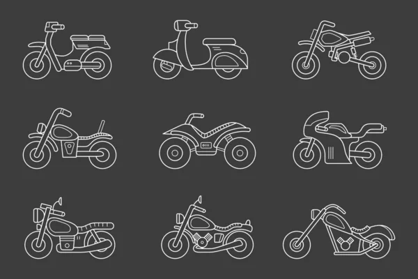 Motorbike Icons Set Vector Outline Symbols Motorcycle Bike Chopper Scooter — Stock Vector