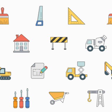 İnşaat - Yapı, vinç, kamyon, buldozer, testere, anahtar, kürek ve grafik tasarımı için diğer araçların vektör renk arkaplanı (pürüzsüz desen)