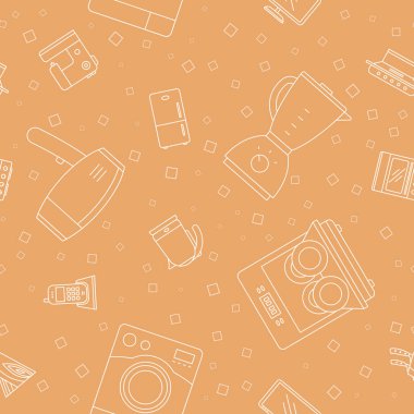 Ev makineleri - Buzdolabı, vakum, mikrodalga, blender, fırın, çaydanlık ve grafik tasarımı için diğer cihazların vektör arkaplanı (kusursuz desen)