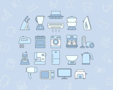 Ev makineleri seti - Buzdolabı, vakum, mikrodalga, blender, fırın, su ısıtıcısı ve site veya arayüz için diğer aygıtların vektör renk sembolleri ve taslağı