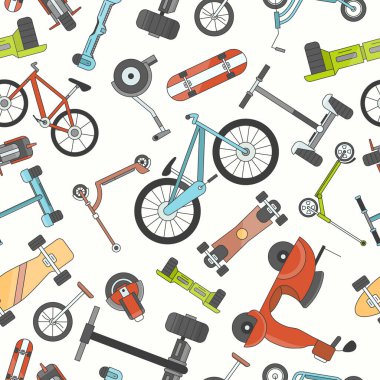 Elektrik taşımacılığı - Grafik tasarımı için scooter, paten, kaykay ve motorun vektör renk arkaplanı (pürüzsüz desen)