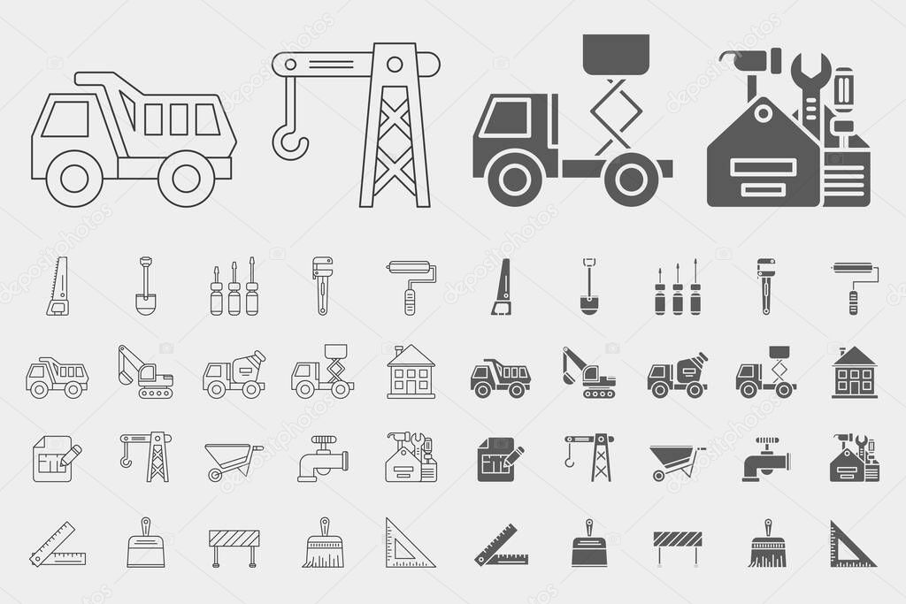 Construction Icons set - Vector outline symbols and silhouettes of building, crane, truck, bulldozer, saw, wrench, shovel and other tool for the site or interface