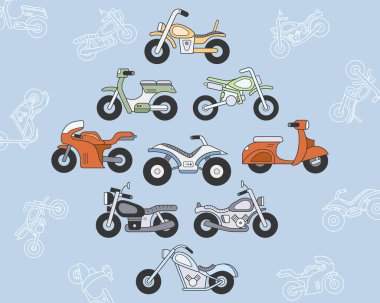 Motosiklet simgeleri - Sitenin veya arayüzün vektör renk simgeleri ve ana hatları, motosiklet, helikopter, scooter ve diğer ulaşım araçları