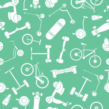 Elektrik taşımacılığı - Grafik tasarımı için mobilet, paten, kaykay ve motorun vektör arkaplanı (kusursuz desen)