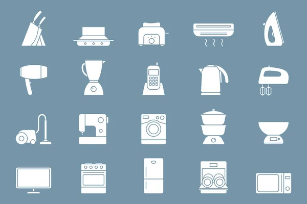 Home Machines Icons Set Vektor Silhouetten Von Kühlschrank Vakuum Mikrowelle — Stockvektor