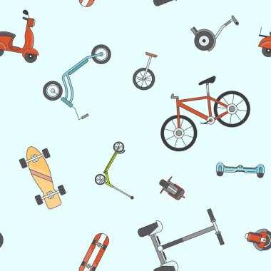 Elektrik taşımacılığı - Grafik tasarımı için scooter, paten, kaykay ve motorun vektör renk arkaplanı (pürüzsüz desen)