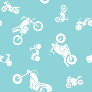 Motosiklet - Motosiklet, motosiklet, motosiklet, motosiklet, scooter ve grafik tasarım için diğer ulaşım araçlarının vektör arkaplanı (kusursuz desen)