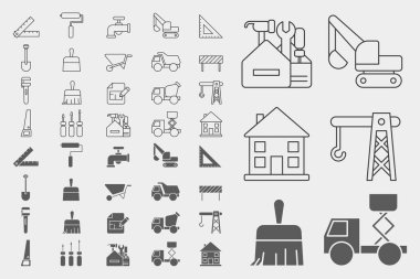 Yapı simgeleri seti - Yapı, vinç, kamyon, buldozer, testere, İngiliz anahtarı, kürek ve site veya arayüz için diğer araçların vektör ana hatları ve siluetleri