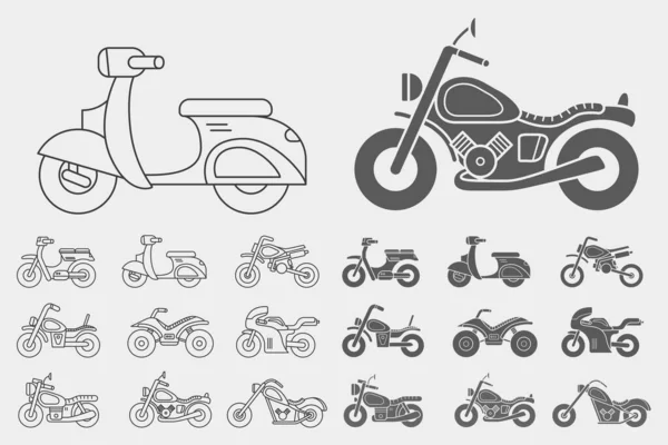 Conjunto Iconos Motocicleta Símbolos Siluetas Del Contorno Vectorial Motocicleta Bicicleta — Archivo Imágenes Vectoriales