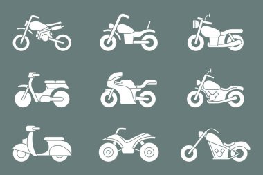 Motosiklet simgeleri ayarlandı - Motosiklet, bisiklet, helikopter, scooter ve site veya arayüz için diğer ulaşım araçlarının vektör siluetleri