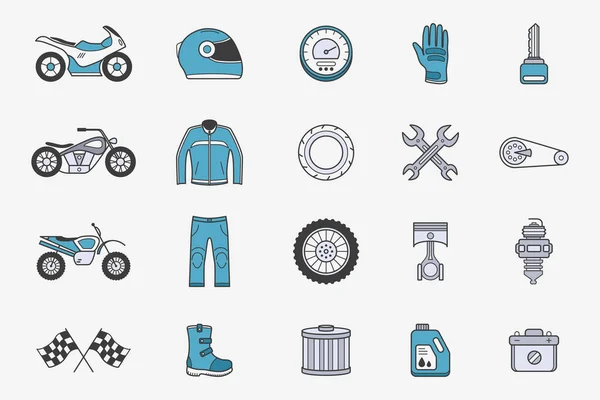 Moto Simgeleri seti - Motosiklet, motor, tekerlek, miğfer ve site veya arayüz için diğer parça ve aksesuarların vektör renk sembolleri