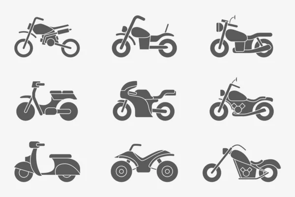 Conjunto Iconos Moto Siluetas Vectoriales Motocicleta Bicicleta Helicóptero Scooter Otros — Archivo Imágenes Vectoriales