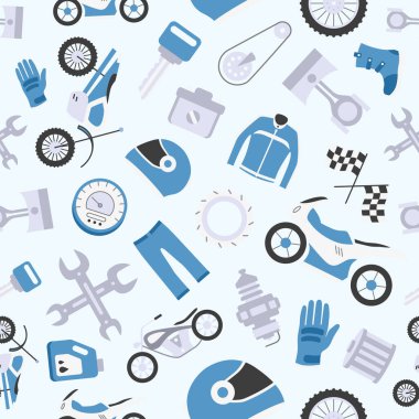 Moto - Motosiklet, motor, tekerlek, kask ve grafik tasarımı için diğer parça ve aksesuar sembollerinin vektör renk arkaplanı (kusursuz desen)