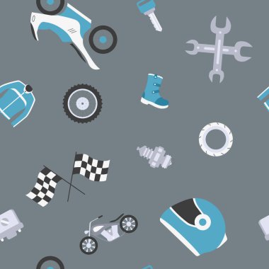 Moto - Motosiklet, motor, tekerlek, kask ve grafik tasarımı için diğer parça ve aksesuar sembollerinin vektör renk arkaplanı (kusursuz desen)