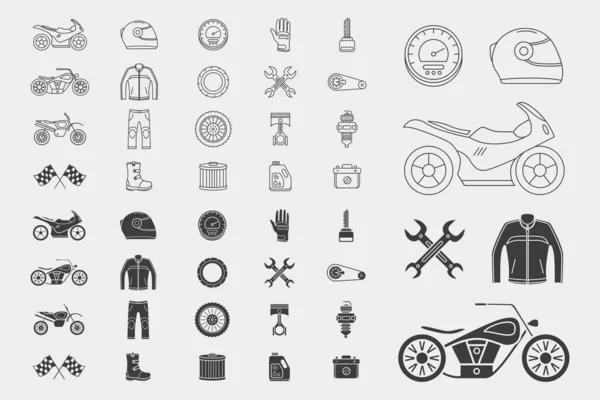 Ensemble Icônes Moto Symboles Contour Vectoriel Silhouettes Moto Moteur Roue — Image vectorielle