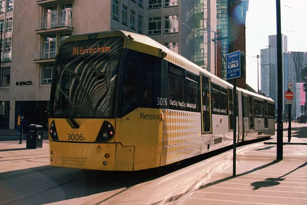 Manchester Reino Unido Abril 2021 Tranvía Metrolink Manchester Peter Square — Foto de Stock