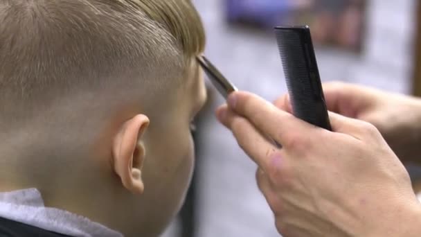Professionell frisör skär en tonåring — Stockvideo