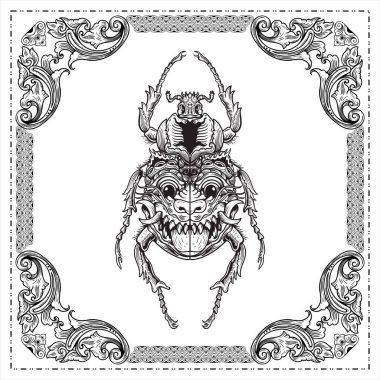 Böcek oyması. Yüzü ve maskesi olan bir geyik böceği. El çizimi çizimi.