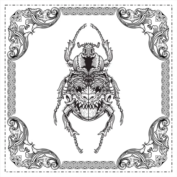 甲虫の彫刻羽に顔や面をつけた鹿の甲虫が描かれたイラストデザイン — ストックベクタ