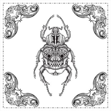 Böcek oyması. Yüzü ve maskesi olan bir geyik böceği. El çizimi çizimi.