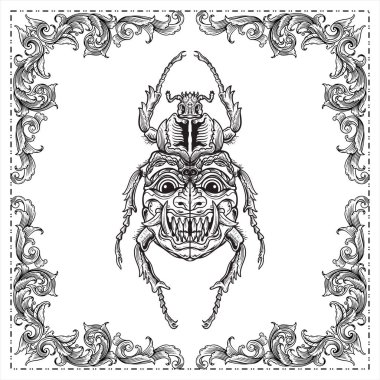 Böcek oyması. Yüzü ve maskesi olan bir geyik böceği. El çizimi çizimi.