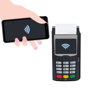 POS ve NFC ödeme teknolojisi konsepti. Cihazı POS terminaline yaklaştırarak ödeme. Düz vektör illüstrasyonu