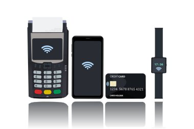 POS ve NFC ödeme teknolojisi konsepti. Cihazı POS terminaline yaklaştırarak ödeme. Düz vektör illüstrasyonu