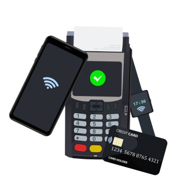 POS ve NFC ödeme teknolojisi konsepti. Cihazı POS terminaline yaklaştırarak ödeme. Düz vektör illüstrasyonu