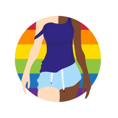 Erkek ve kadın tek vücutta. LGBT bayrağı. Gökkuşağı aşk konsepti. İnsan hakları ve hoşgörü. Poster, kartpostal, afiş ve geçmiş. Vektör illüstrasyonu