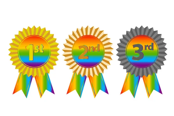 Medallas para el primer, segundo, tercer lugar en concepto de amor arco iris. Bandera LGBT. Derechos humanos y tolerancia. Ilustración vectorial. — Vector de stock